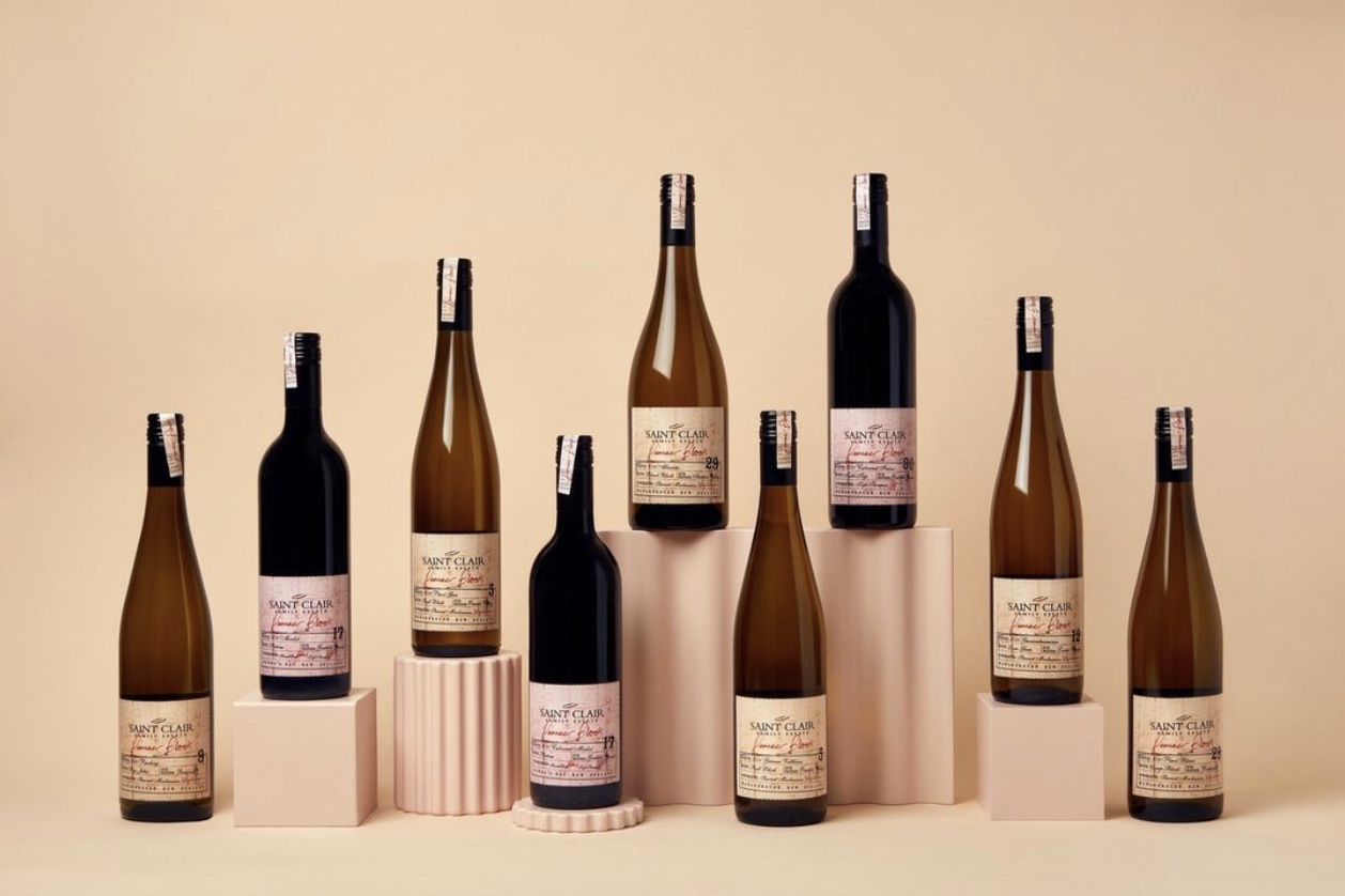 Ten bottles of a variety of Saint Clair wines.