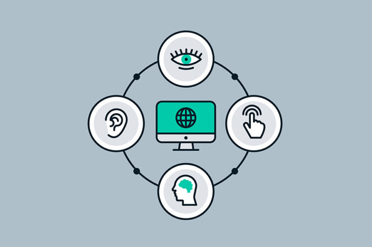 Illustration of a computer with four icons representing Visual Impairment, Hearing Impairment, Motor Skills/Physical Disabilities, Photosensitive Seizures, and Cognitive Disabilities.